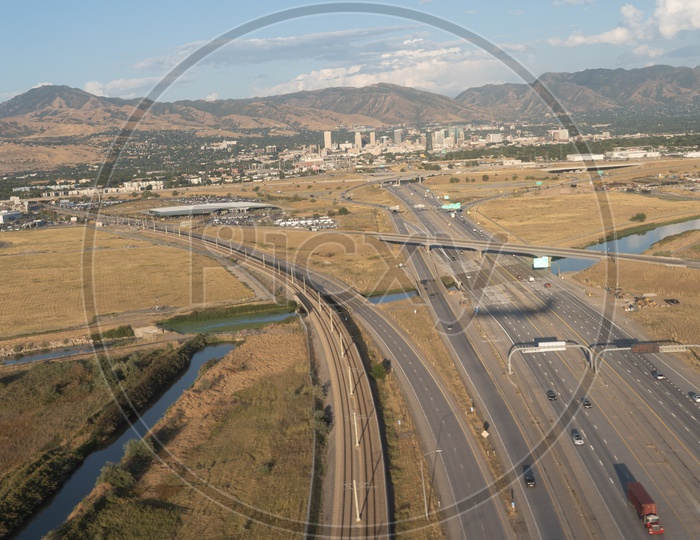 Aerial view of Canal Network against the Highway Roadlines in Salt Lake City