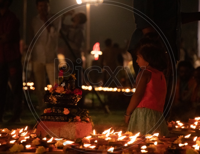 Lord Shiva Linga At Koti Deeposthavam Event With Dias Around Shiv Linga