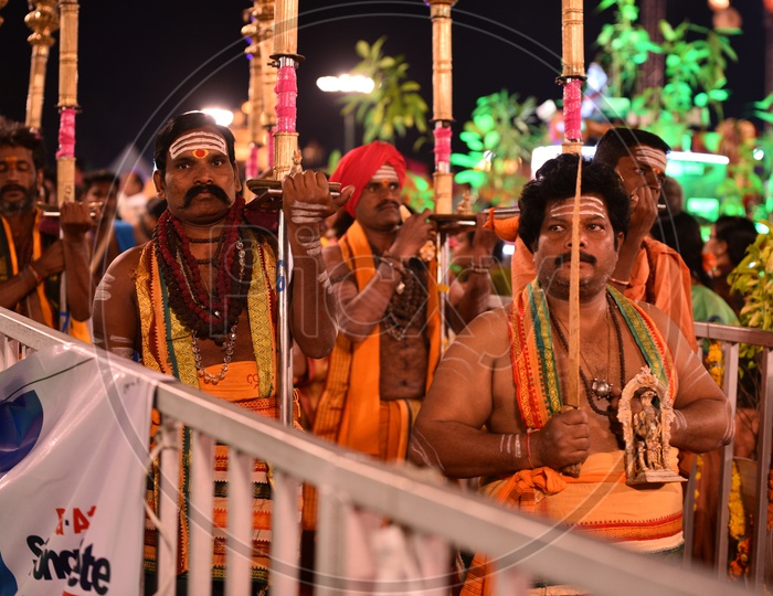 Indian Hindu Priests In a Procession Of Hindu God At Koti Deeposthavam Event in Hyderabad