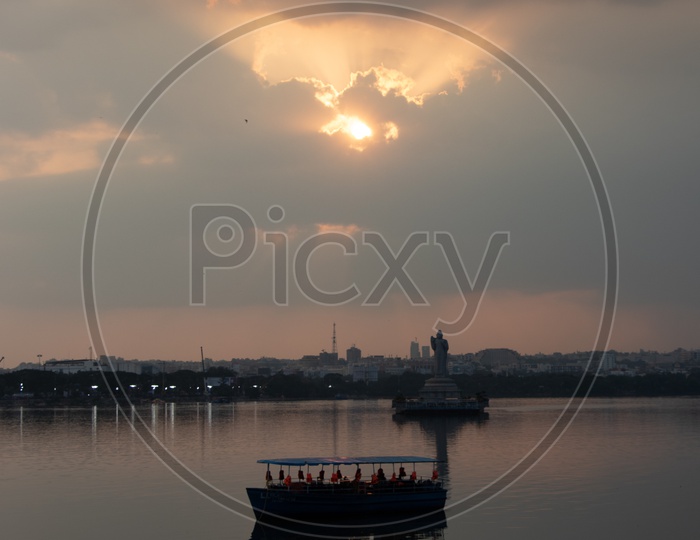 Gauthama Buddha Statue In Hussain Sagar Lake At Tank Bund With Telangana Tourism Boat