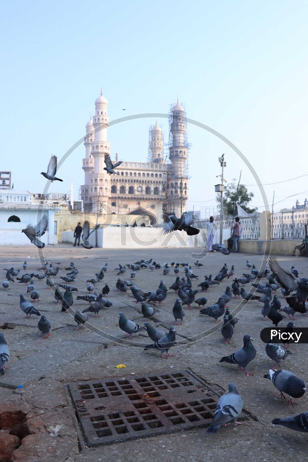 Charminar View From Mecca Masjidh With Pigeons And Visitors