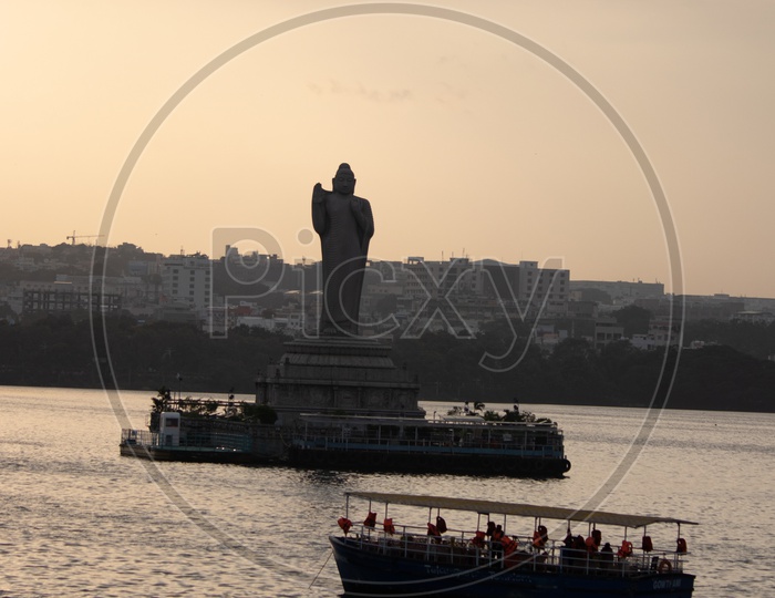 Gauthama Buddha Statue In Hussain Sagar Lake At Tank Bund With Telangana Tourism Boat