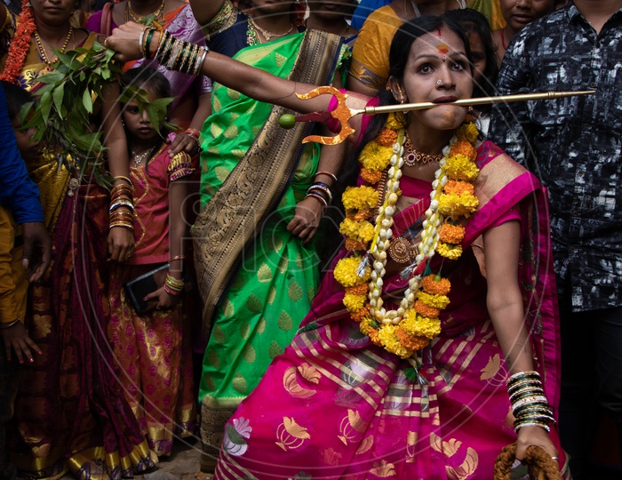 Tranced Woman Dancing During Bonalu Festival Celebrations In Golconda Fort