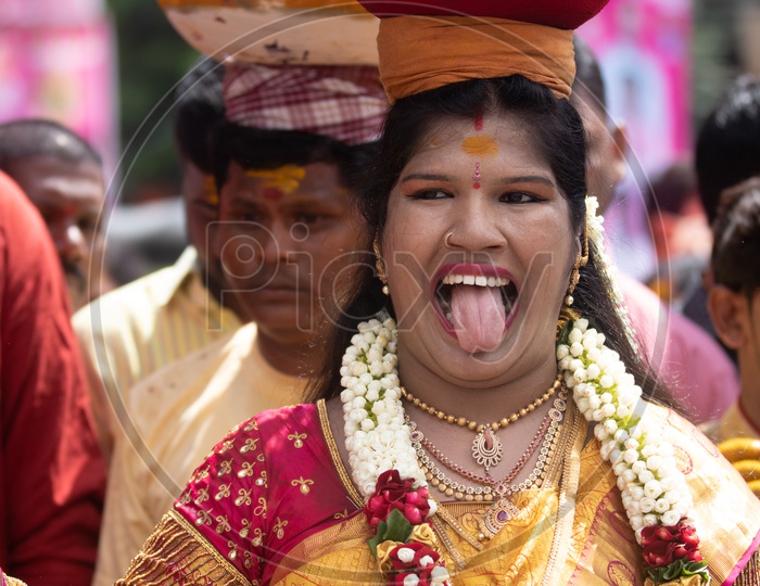 Jogini Or Goddess Woman Dancing During Bonalu Festival