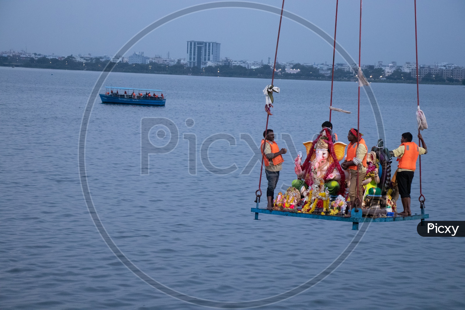Lord Ganesh Idols On Cranes While Visarjan or Nimarjan event At Tankbund In Hyderabad