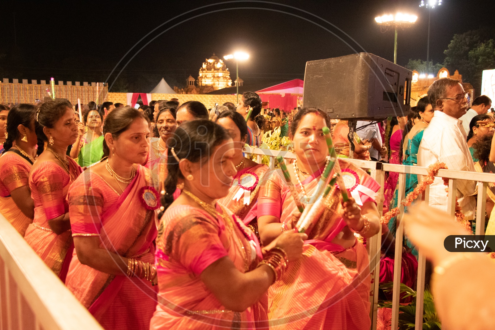 Indian Traditional Woman Playing Kolattam At Hindu God Procession