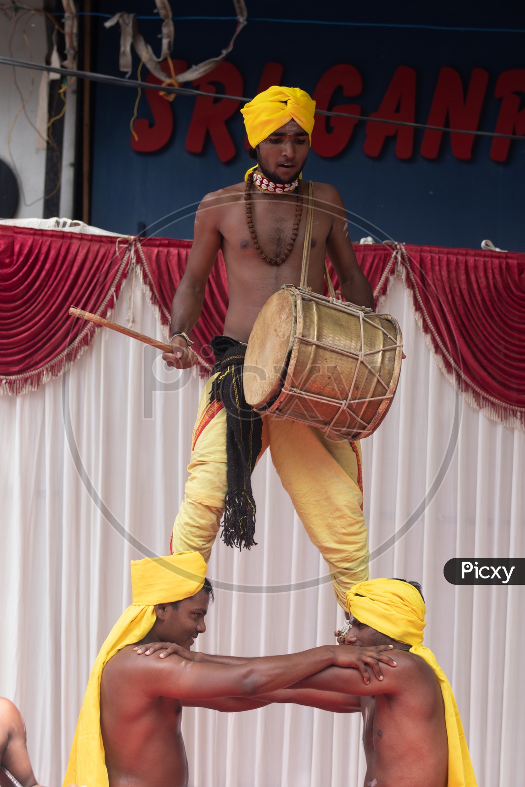 Tribal Drum Artists Performing on Stage At Bonalu Festival Celebrations At Ujjaini Mahakali Temple