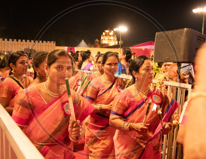 Indian Traditional Woman Playing Kolattam At Hindu God Procession