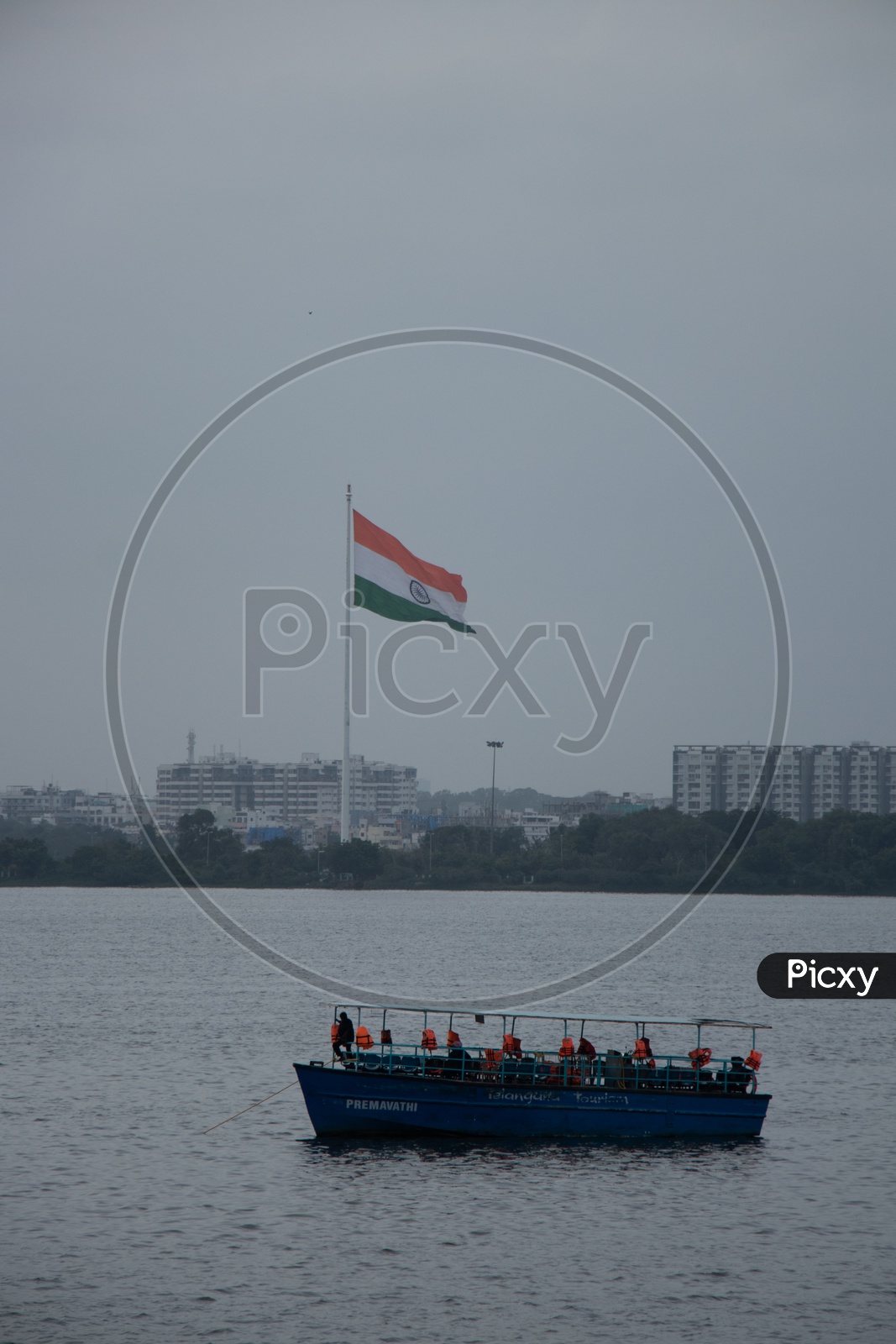 Big Indian National Tri-Color Flag  With Hussain Sagar Lake And Telangana Tourism Boats
