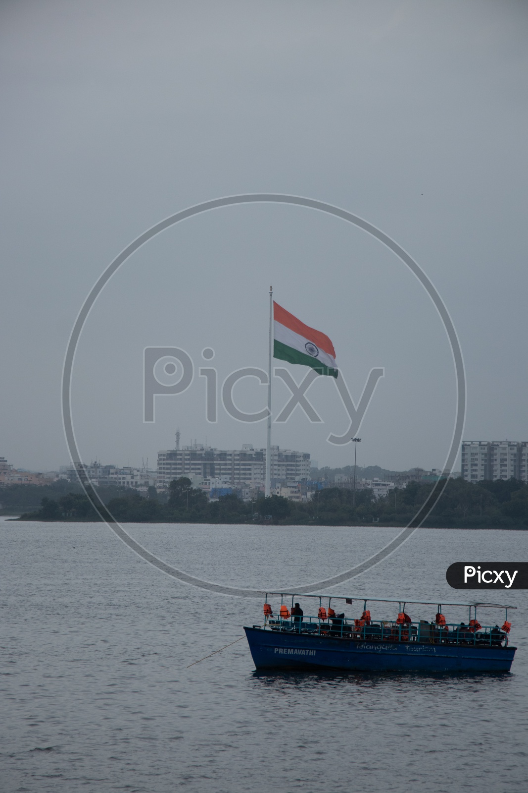 Big Indian National Tri-Color Flag  With Hussain Sagar Lake And Telangana Tourism Boats