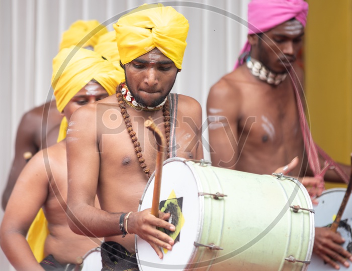 Tribal drum Artists Performing On Stage At Bonalu Festival Celebrations At Ujjaini Mahakali Temple In Hyderabad