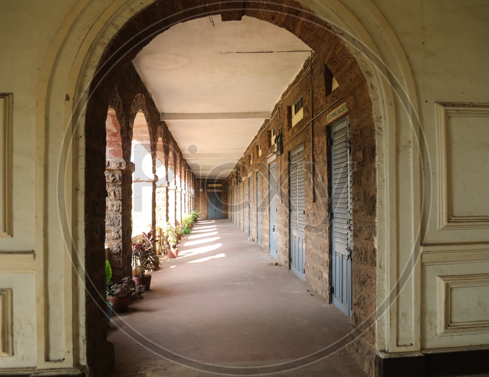 Arch shaped entrance of a hallway in the college