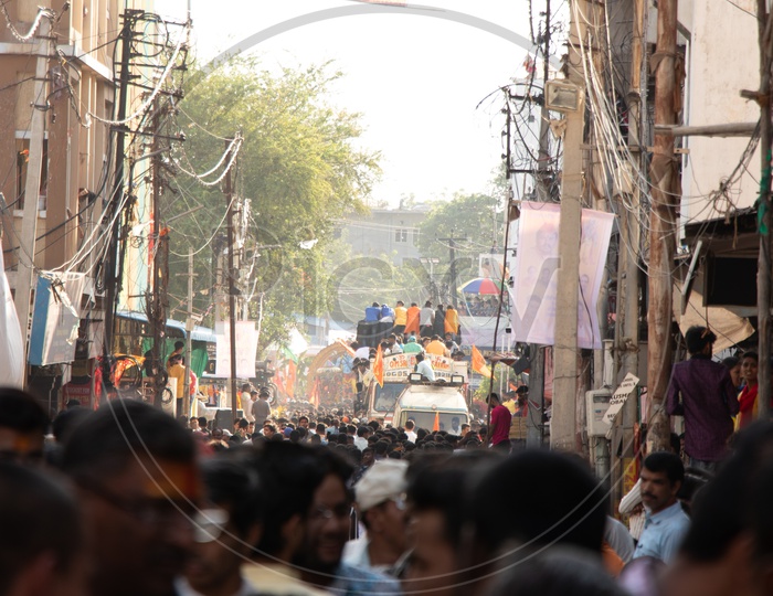 Crowd Of Indian Devotees In Procession of Sri Rama At Shoba Yatra in Hyderabad