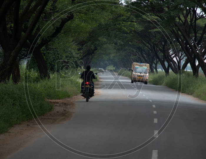 Bike Passing  Through  The Canopy Of trees Over Rural Village Roads