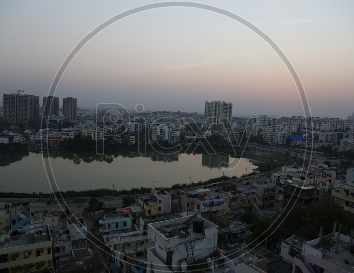 Hyderabad City Scape View With Lake and  High Rise  Apartments