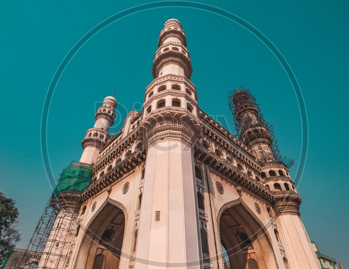 Majestic Charminar With Pillars Composition Over Blue Sky Background