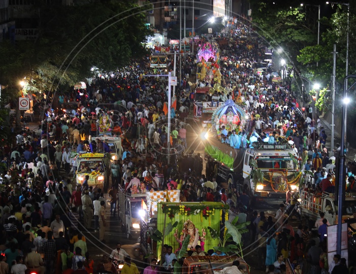 Image of Ganesh Idols Carrying In Heavy Trucks For Immersion In Hussain ...