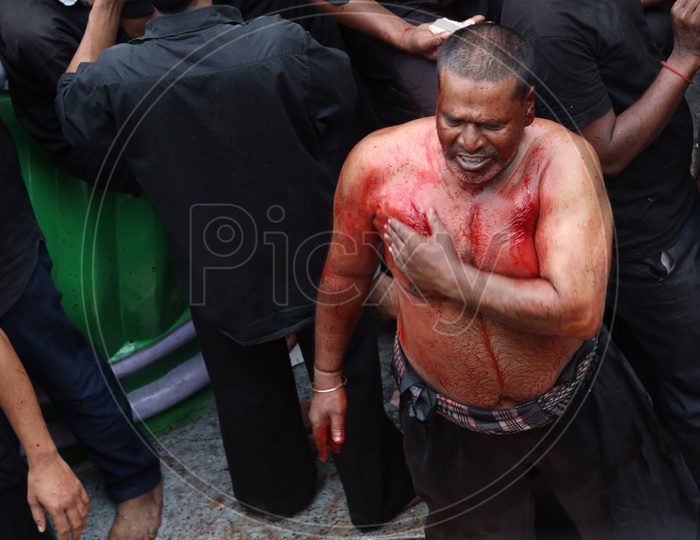 Muharram Mourning By Muslim Devotees At Bibi Ka Alawa  By Flagellation  With Blades Before Procession