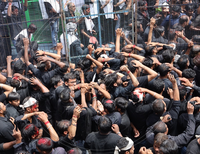 Crowd Of Muslim Devotees  Offering Mourns By flagellation During  Muharrum Procession At Bibi Ka Alawa  in Hyderabad