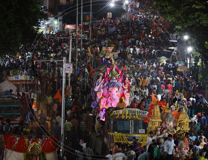 Image of Ganesh Idols Carrying In Heavy Trucks For Immersion In Hussain ...