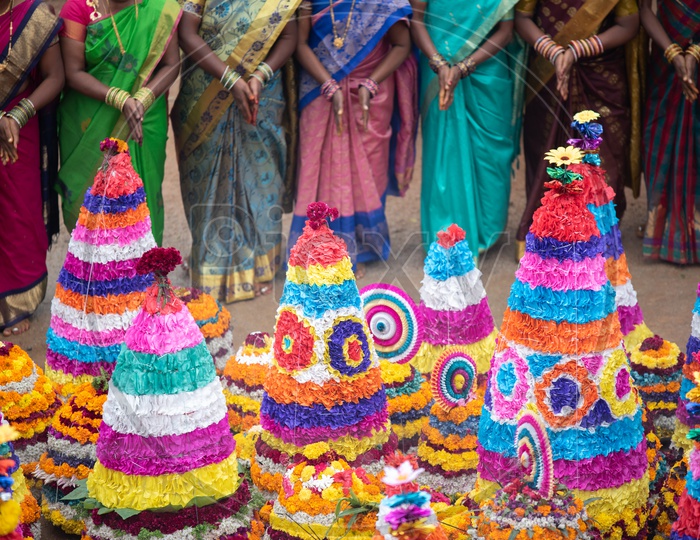 Bathukamma A Floral Decoration Made From Medicinal Flowers And Fragrances Arranged Like A Temple Gopuram