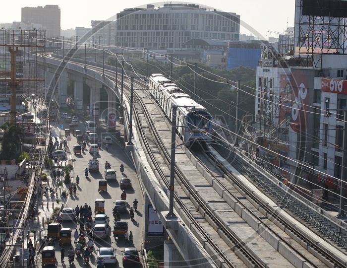 Hyderabad Metro Train Running on Railway Line In Hyderabad  City