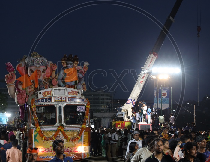 Heavy Cranes Arranged by GHMC For Ganesh Visarjan or Nimarjan At Tank Bund