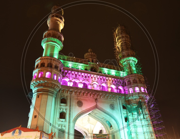 Majestic Charminar View With Colourful Lights During Ramzan Month With Fruit Stalls Composition