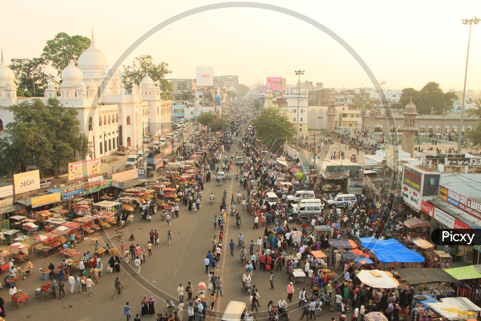 Aerial View of  Visitors Busily Shopping On Streets Around Charminar
