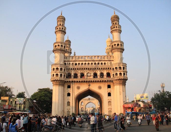 Majestic Charminar View With  Busy Street With Commuting Vehicles