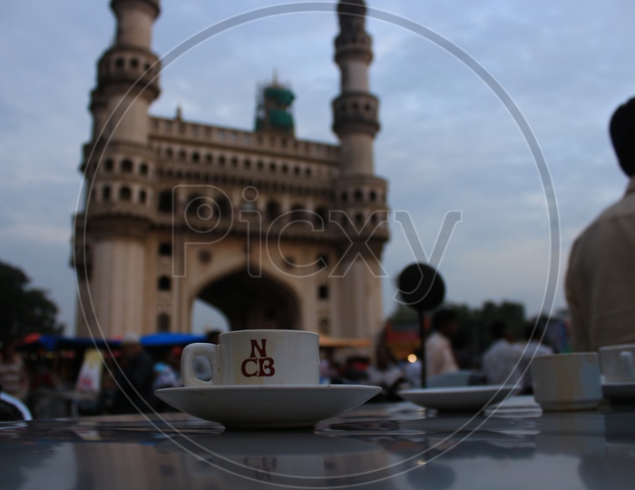 Famous Nimrah Cafe Irani Tea Cup  With Charminar Backdrop