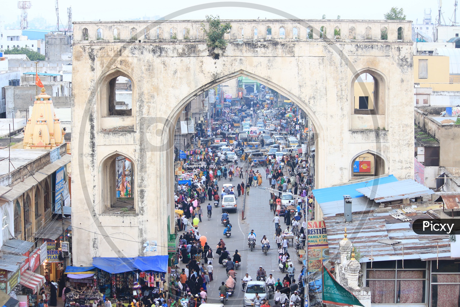 Aerial View Of Busy Crowded Streets Around Charminar