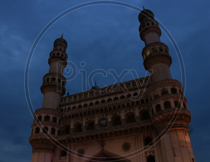 Charminar Composition With Pillars  And  Blue Hour Sky In Background