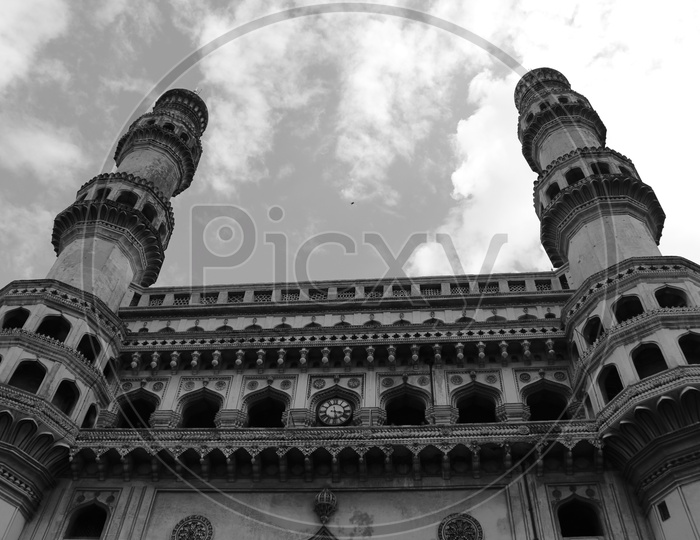 Architecture Of Charminar With Designs And Sky As Background  In monochrome Filter