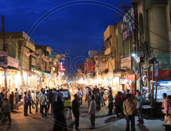 Busy Ghansi Bazaar Street With Visitors  And Bangles Shops In Night Time