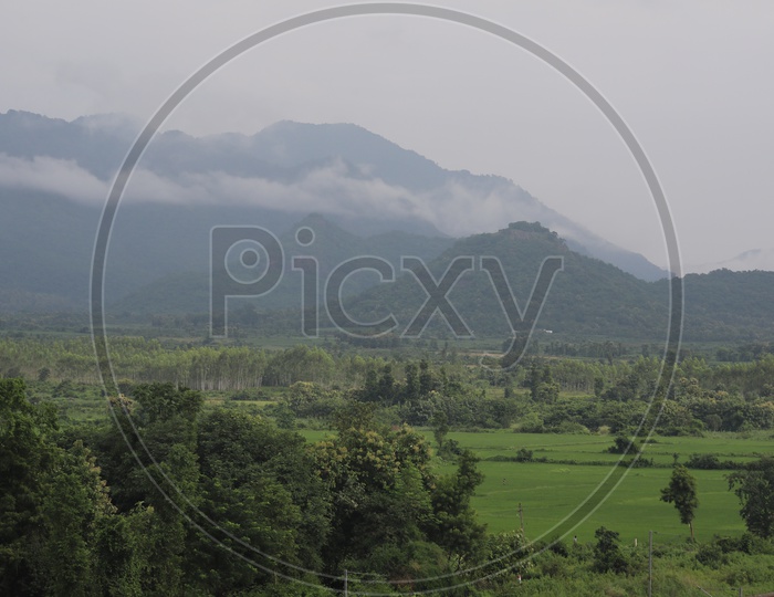Landscape Picture Of Green Fields And Terrains with Fog
