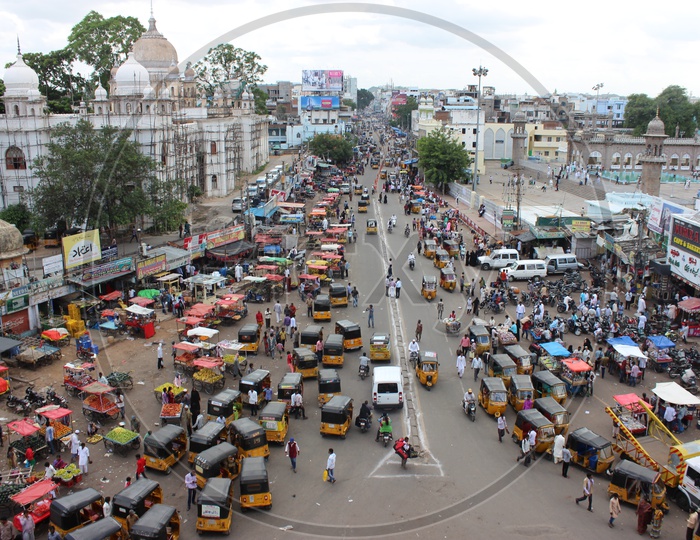 Aerial View Of Autos And Streets Of Charminar