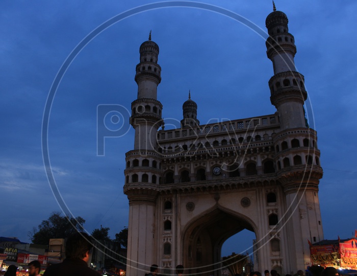 Charminar Composition With Visitors And  Blue Hour Sky In Background