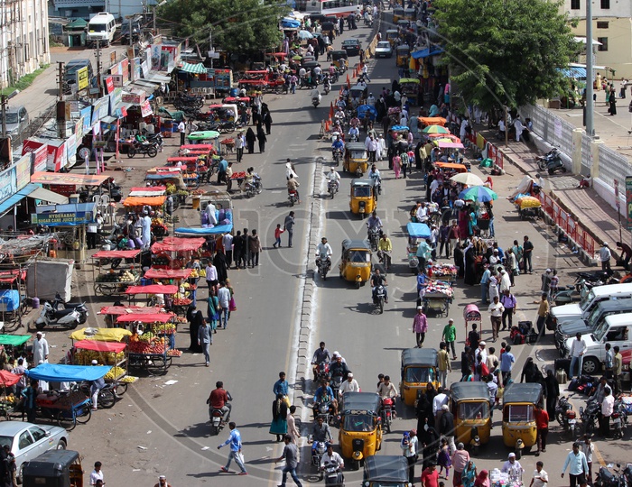Autos Standing At Charminar With Busy Road From Charminar Top