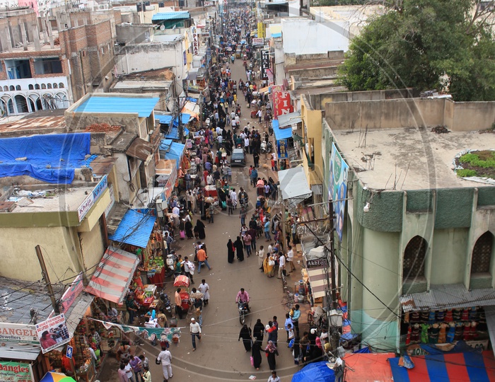 Aerial View Of Ghansi Bazaar With Bangle Shops And Visitors  on Street at Charminar