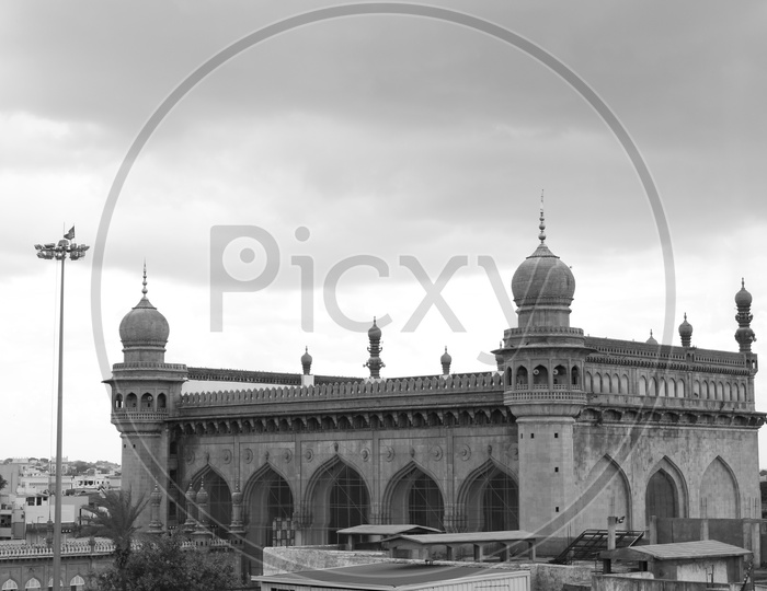 Monochrome Of  View Of Mecca Masjid From Charminar