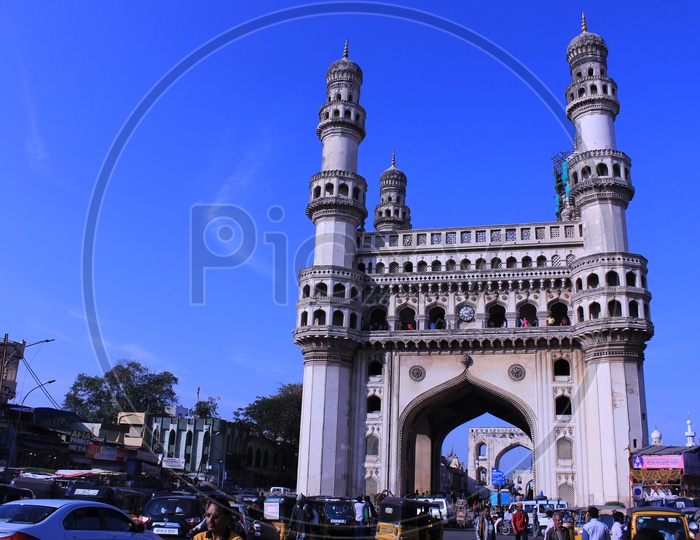 Majestic Charminar View With Autos And Visitors With Blue Hour Sky in Background