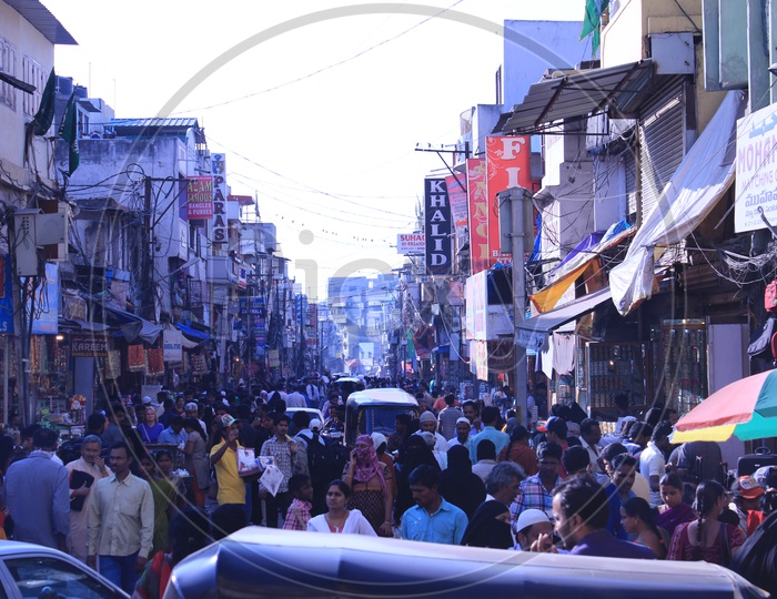 Busy Ghansi Bazaar Street With Visitors Shopping Bangles In Stores Near Charminar