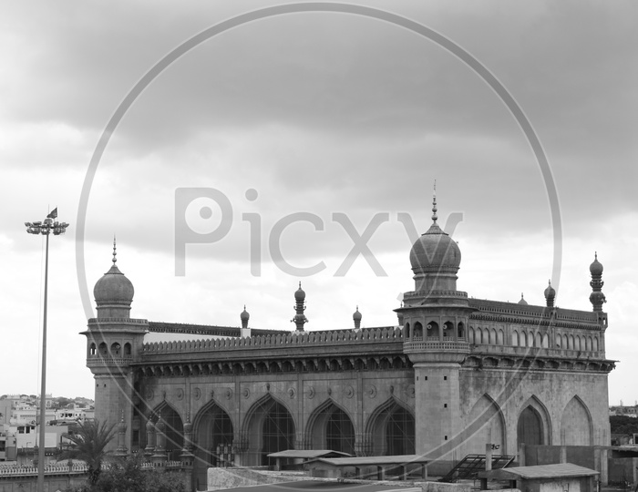 Monochrome Of  View Of Mecca Masjid From Charminar