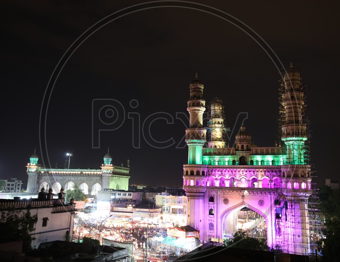 Majestic Charminar View With Colourful Lights During Ramzan Month