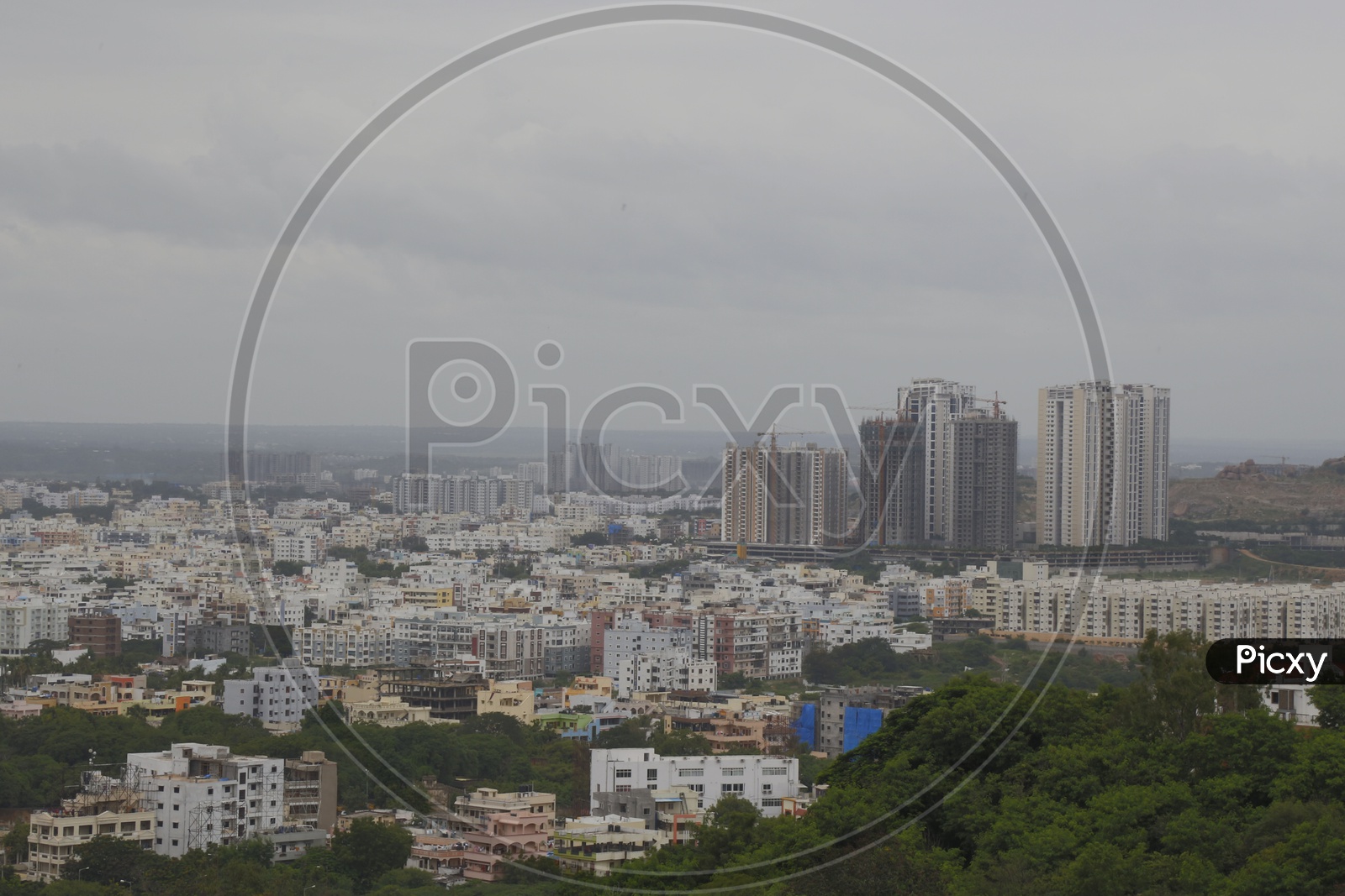 Hyderabad City Scape with High Rise Buildings And Clouds