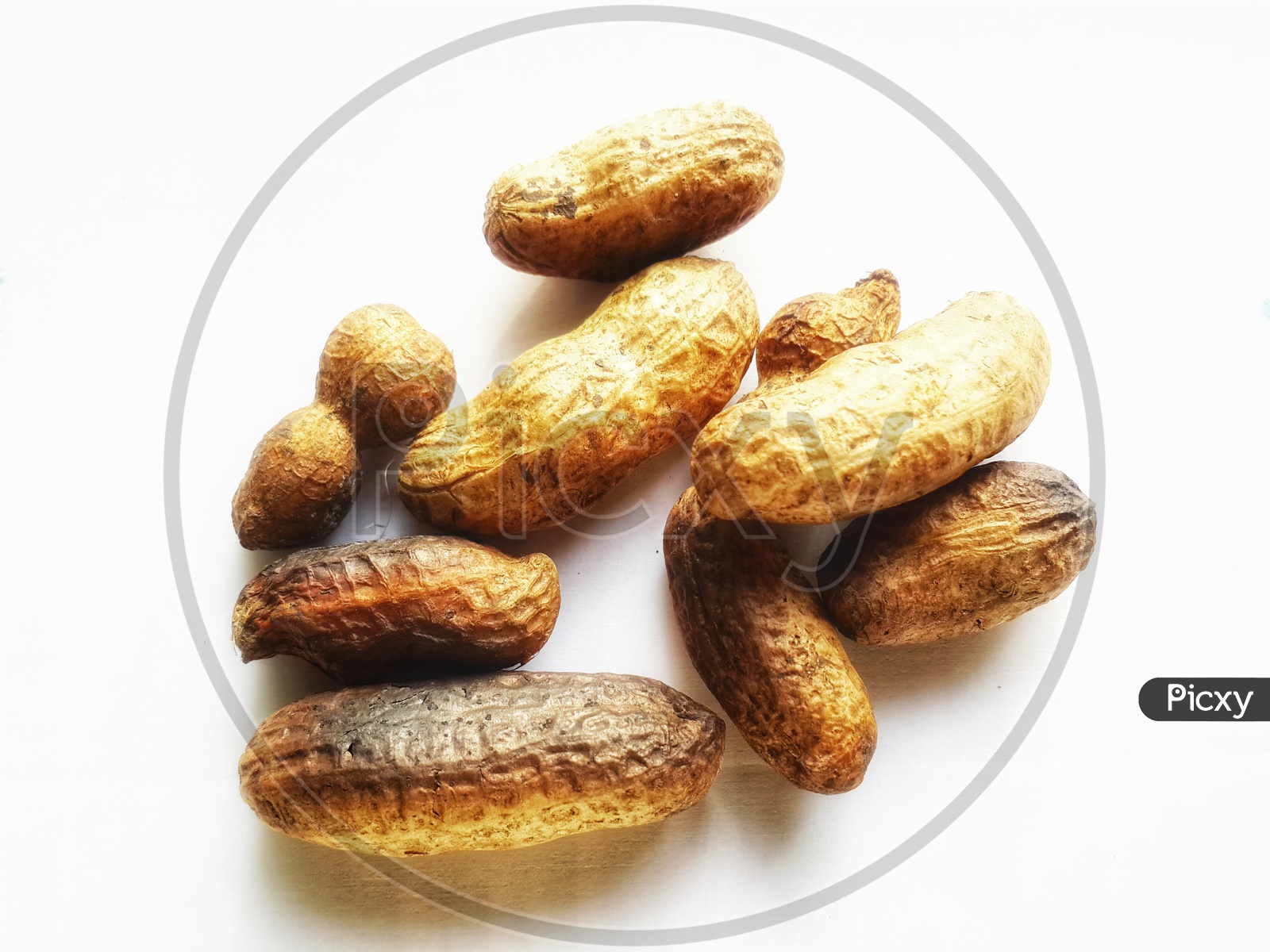 roasted groundnuts isolated on white background.selective focus shot from above