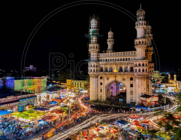Long Exposure Shot Of Charminar With Moving Vehicles Light trail Around Charminar  During Ramzan Month