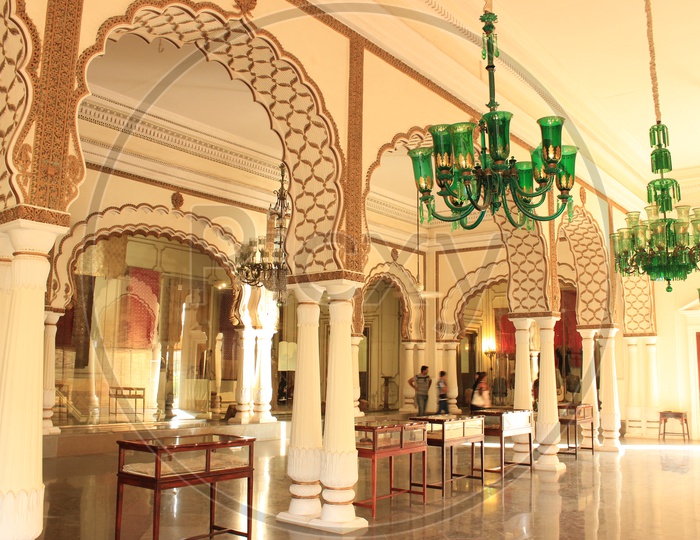 Interior Of Chowmahalla Palace With Corridors And Chandeliers