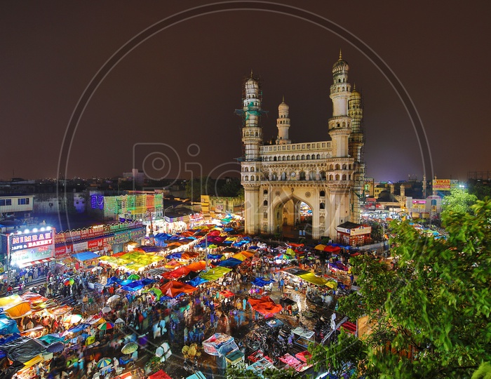 Charminar Aerial View With Vendor Stalls Around Charminar Streets During Ramzan Month